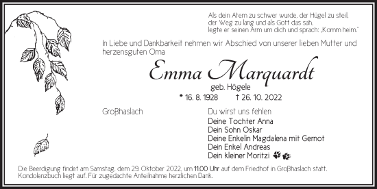 Traueranzeige von Emma Marquardt von Ansbach