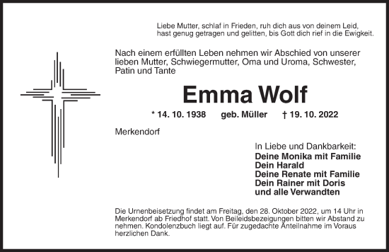 Traueranzeige von Emma Wolf von Ansbach