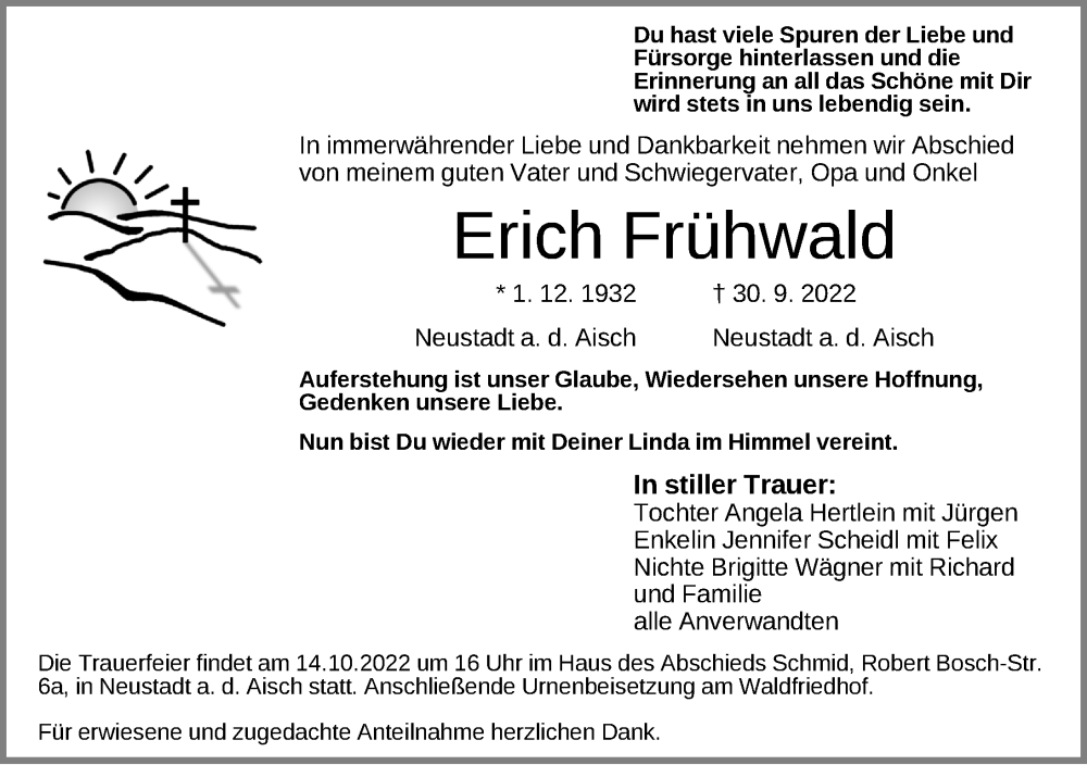  Traueranzeige für Erich Frühwald vom 08.10.2022 aus Neustadt/ Scheinfeld/ Uffenheim