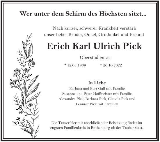 Traueranzeige von Erich Karl Ulrich Pick von Rothenburg