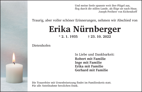 Traueranzeige von Erika Nürnberger von Ansbach