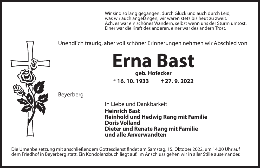  Traueranzeige für Erna Bast vom 13.10.2022 aus Dinkelsbühl/ Feuchtwangen