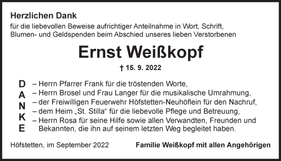 Traueranzeige von Ernst Weißkopf von Ansbach