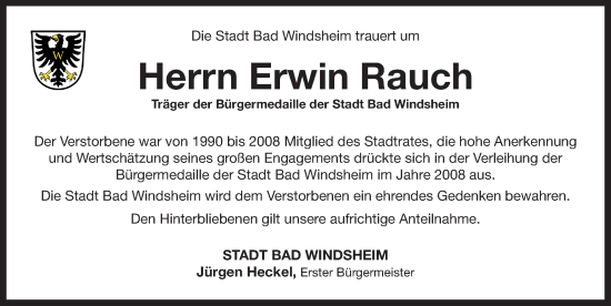 Traueranzeige von Erwin Rauch von Neustadt/ Scheinfeld/ Uffenheim