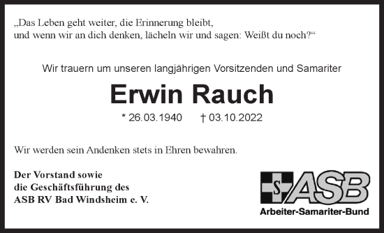 Traueranzeige von Erwin Rauch von Neustadt/ Scheinfeld/ Uffenheim