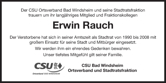 Traueranzeige von Erwin Rauch von Neustadt/ Scheinfeld/ Uffenheim