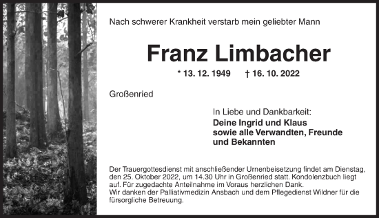 Traueranzeige von Franz Limbacher von Ansbach