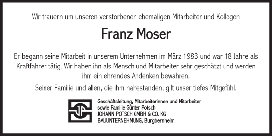 Traueranzeige von Franz Moser von Neustadt/ Scheinfeld/ Uffenheim