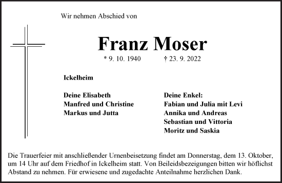 Traueranzeige von Franz Moser von Neustadt/ Scheinfeld/ Uffenheim