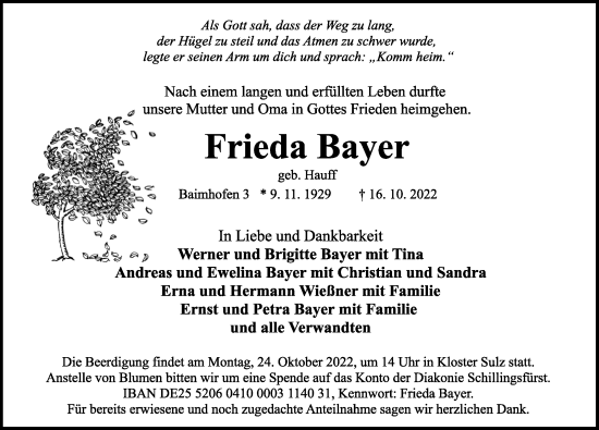 Traueranzeige von Frieda Bayer von Rothenburg