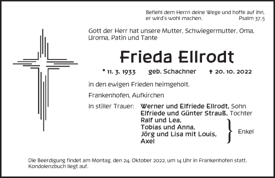 Traueranzeige von Frieda Ellrodt von Dinkelsbühl/ Feuchtwangen