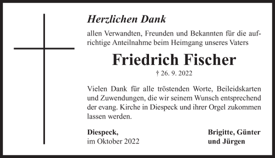 Traueranzeige von Friedrich Fischer von Neustadt/ Scheinfeld/ Uffenheim