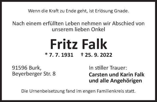 Traueranzeige von Fritz Falk von Dinkelsbühl/ Feuchtwangen