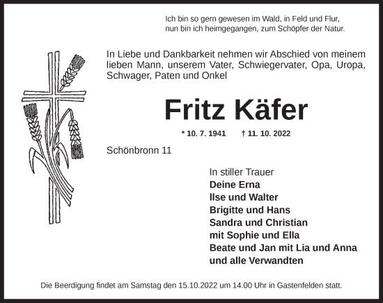 Traueranzeige von Fritz Käfer von Rothenburg