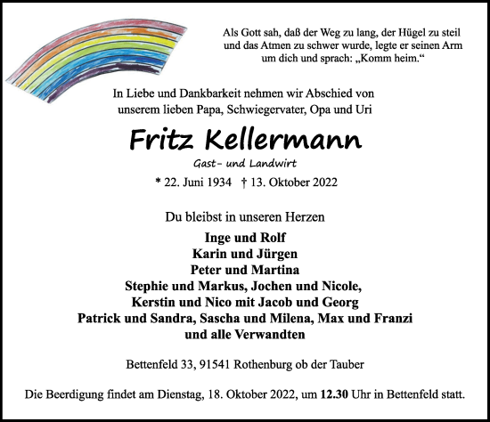 Traueranzeige von Fritz Kellermann von Rothenburg