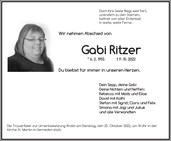 Traueranzeige von Gabi Ritzer von Ansbach