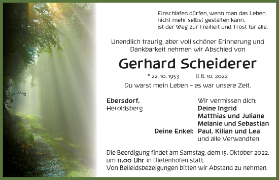 Traueranzeige von Gerhard Scheiderer von Ansbach