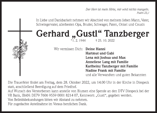 Traueranzeige von Gerhard Tanzberger von Neustadt/ Scheinfeld/ Uffenheim