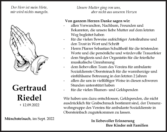 Traueranzeige von Gertraud Riedel von Neustadt/ Scheinfeld/ Uffenheim