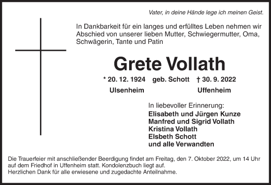 Traueranzeige von Grete Vollath von Neustadt/ Scheinfeld/ Uffenheim