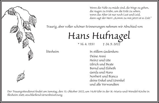 Traueranzeige von Hans Hufnagel von Neustadt/ Scheinfeld/ Uffenheim