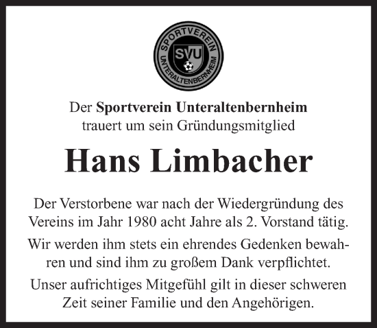 Traueranzeige von Hans Limbacher von Neustadt/ Scheinfeld/ Uffenheim