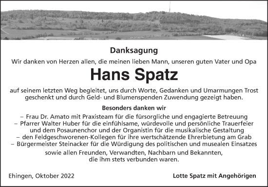 Traueranzeige von Hans Spatz von Dinkelsbühl/ Feuchtwangen