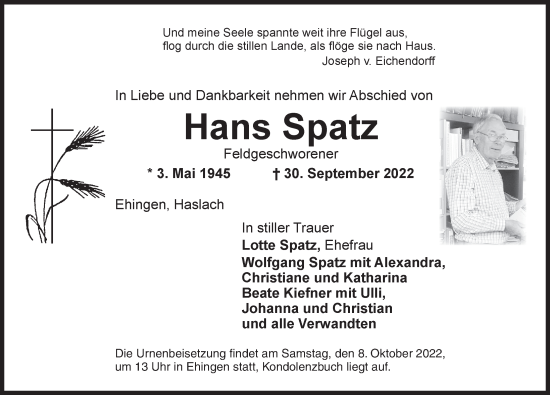 Traueranzeige von Hans Spatz von Dinkelsbühl/ Feuchtwangen