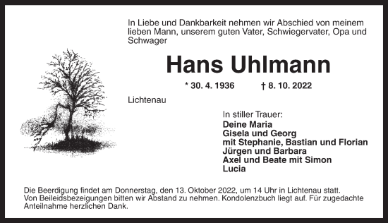 Traueranzeige von Hans Uhlmann von Ansbach