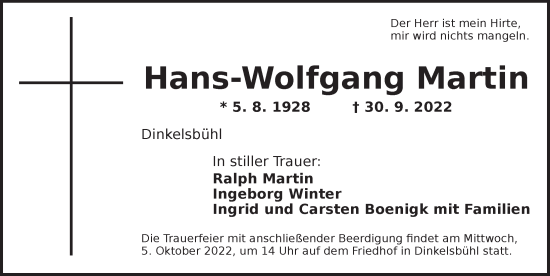 Traueranzeige von Hans-Wolfgang Martin von Dinkelsbühl/ Feuchtwangen