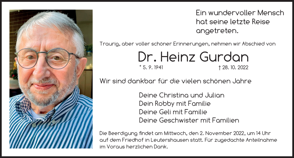  Traueranzeige für Heinz Gurdan vom 31.10.2022 aus Ansbach