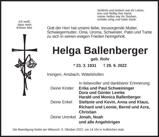 Traueranzeige von Helga Ballenberger von Dinkelsbühl/ Feuchtwangen