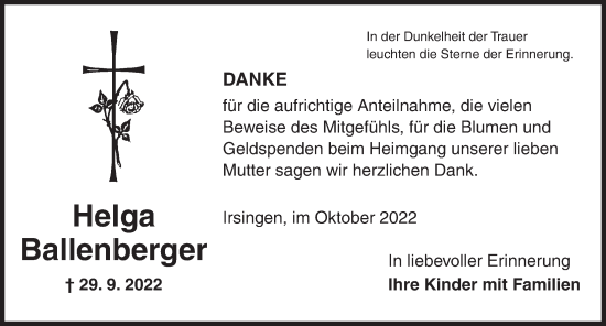 Traueranzeige von Helga Ballenberger von Dinkelsbühl/ Feuchtwangen