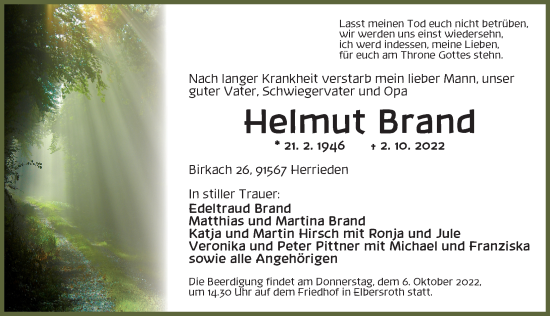 Traueranzeige von Helmut Brand von Ansbach