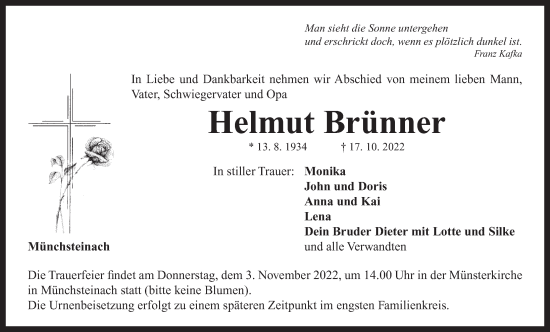 Traueranzeige von Helmut Brünner von Neustadt/ Scheinfeld/ Uffenheim