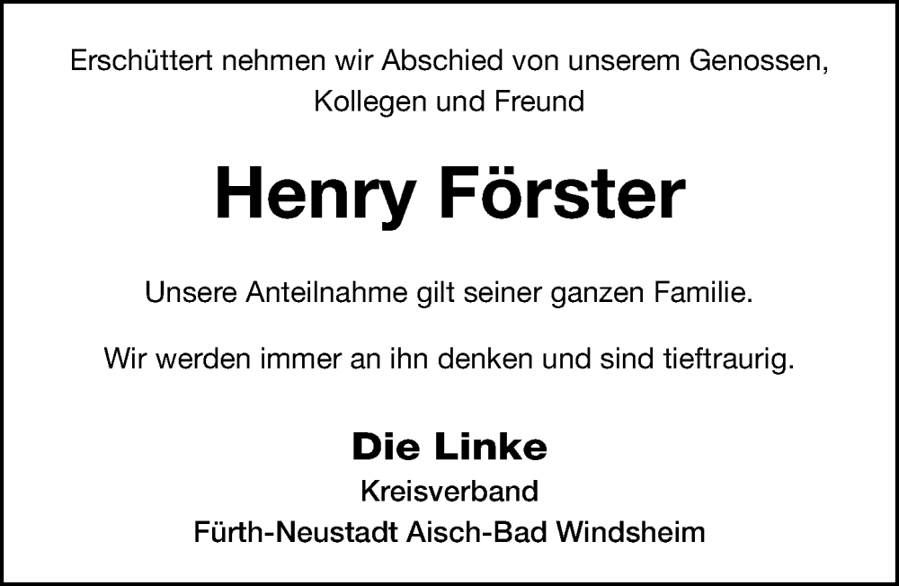  Traueranzeige für Henry Förster vom 15.10.2022 aus Neustadt/ Scheinfeld/ Uffenheim