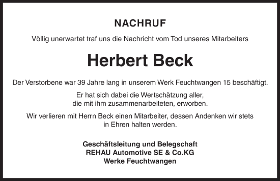 Traueranzeige von Herbert Beck von Dinkelsbühl/ Feuchtwangen