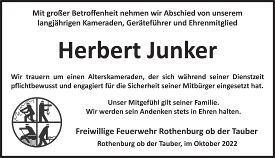 Traueranzeige von Herbert Junker von Rothenburg