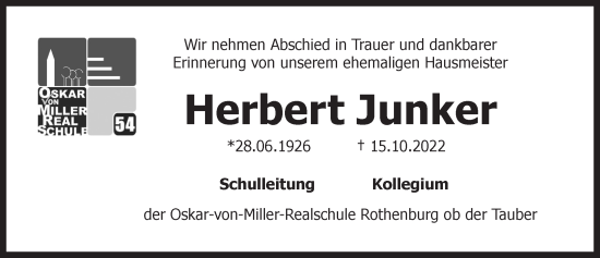 Traueranzeige von Herbert Junker von Rothenburg