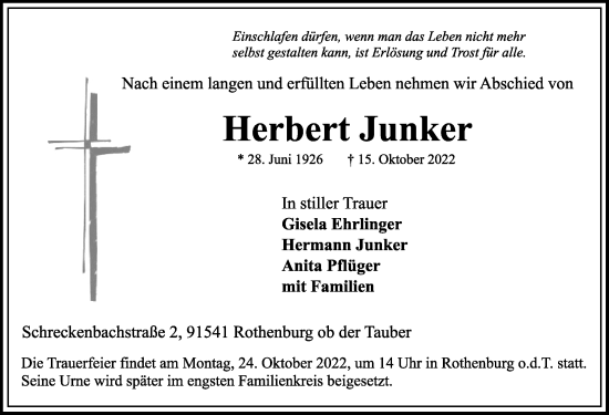 Traueranzeige von Herbert Junker von Rothenburg
