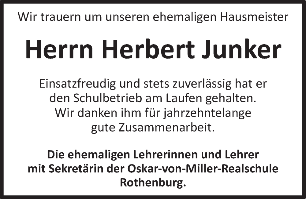  Traueranzeige für Herbert Junker vom 21.10.2022 aus Rothenburg