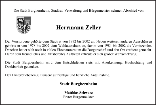 Traueranzeige von Herrmann Zeller von Neustadt/ Scheinfeld/ Uffenheim