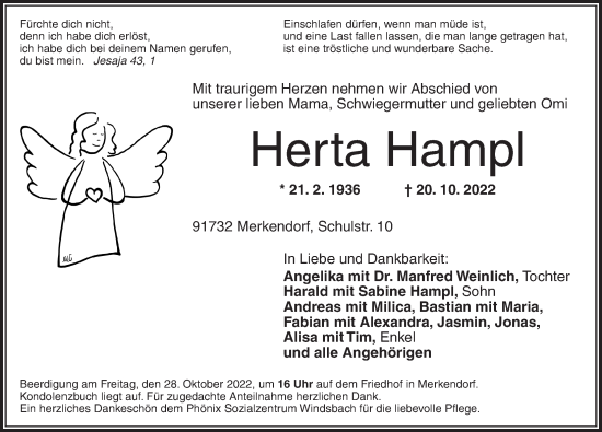 Traueranzeige von Herta Hampl von Ansbach