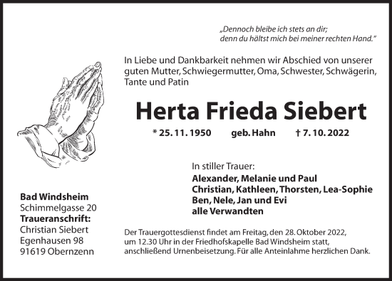 Traueranzeige von Herta Frieda Siebert von Neustadt/ Scheinfeld/ Uffenheim