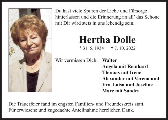 Traueranzeige von Hertha Dolle von Neustadt/ Scheinfeld/ Uffenheim
