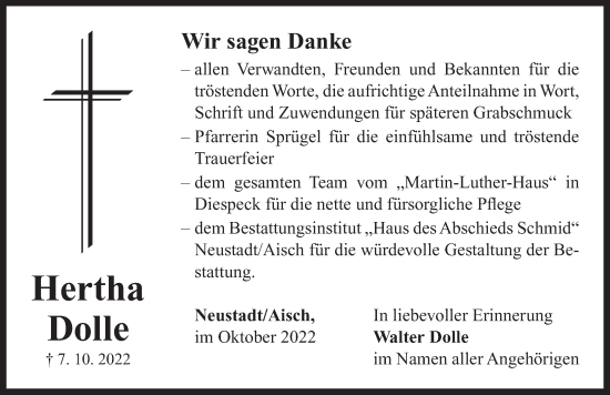 Traueranzeige von Hertha Dolle von Neustadt/ Scheinfeld/ Uffenheim