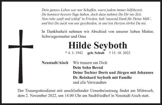 Traueranzeige von Hilde Seyboth von Neustadt/ Scheinfeld/ Uffenheim
