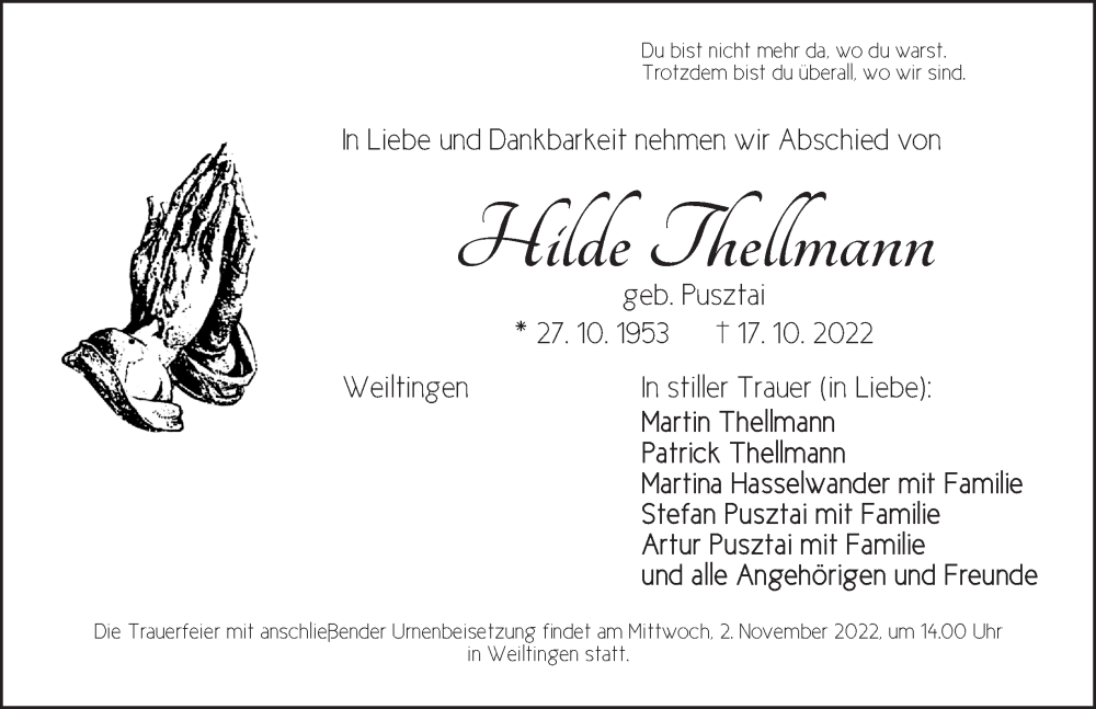  Traueranzeige für Hilde Thellmann vom 31.10.2022 aus Dinkelsbühl/ Feuchtwangen