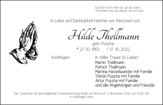 Traueranzeige von Hilde Thellmann von Dinkelsbühl/ Feuchtwangen