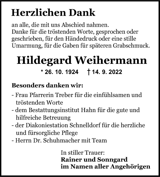 Traueranzeige von Hildegard Weihermann von Dinkelsbühl/ Feuchtwangen